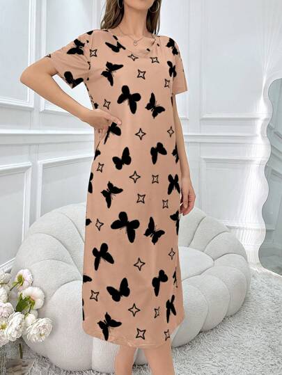Able Women Butterfly Allover Print Short Sleeve Pajama Night Dress view 6