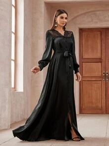 Women's Elegant Solid Color Lace Patchwork Lantern Sleeve Front Button Long Dress - Black - View 6