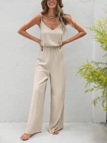 SHEIN VCAY Plain Casual Linen Jumpsuit, Perfect For Vacation
