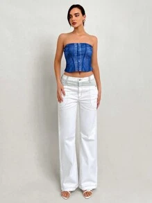 Aloruh Modern Street Style Denim Effect Herringbone Slim Fit Women's Top - Multicolor - View 5