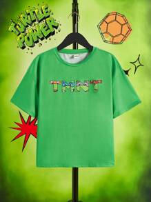 TEENAGE MUTANT NINJA TURTLES X SHEIN Maglietta con stampa a fumetti verde casual con collo tondo, maniche corte e vestibilità larga, adatta ai ragazzi adolescenti