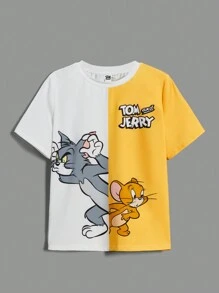TOM & JERRY X SHEIN Maglietta casual a maniche corte e pantaloncini a due toni con stampa di cartoni per ragazzino, estate