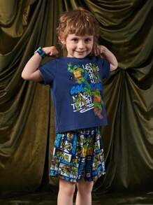 TEENAGE MUTANT NINJA TURTLES X SHEIN Set estivo da ragazzo giovane con Maglietta e pantaloncini casual a stampa di cartoni animati e lettere cool