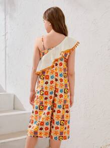 SHEIN Tween Girl Casual Vacation Cute Printed One Shoulder Jumpsuit With Ruffle Trim - Multicolor - View 2