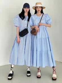 DAZY 女士條紋蓬蓬袖拼接公主風格洋裝 - 藍色 - 查看 3