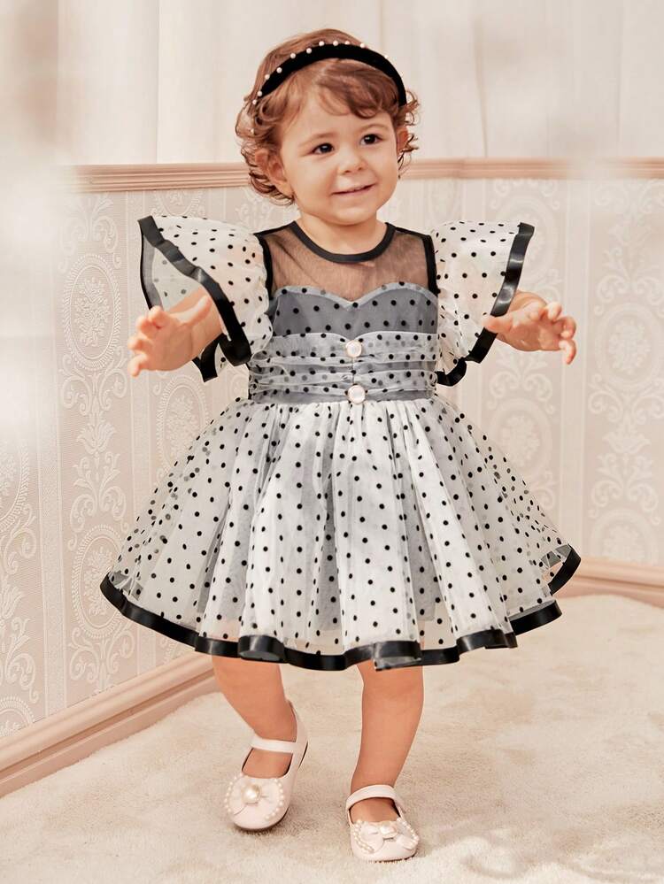 Baby Girl Elegant Classic Multiple Layer Polka Dot Tulle Dress, Spring/Summer