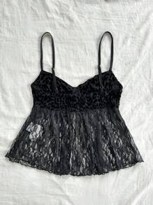 Soleia WYWH Mujeres Leopardo Impresión Terciopelo Y Encaje Empalmado Vacaciones Cami Top - Negro