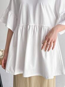 FRIFUL Women's Fashionable Loose-Fit Solid Color A-Line Short Sleeve T-Shirt For Daily Wear,Ruffle - White - View 6