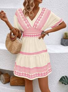 Breezaya 女士度假连衣裙 V 领印花荷叶边下摆短裙，夏季海滩度假装