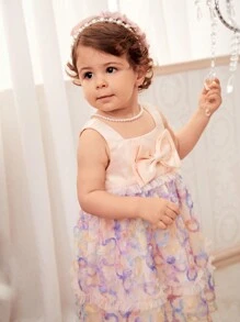 SHEIN Baby Girls' Cute Sleeveless Mesh Dress With 3D Flower Embellishments For Spring & Summer - Multicolor - View 6