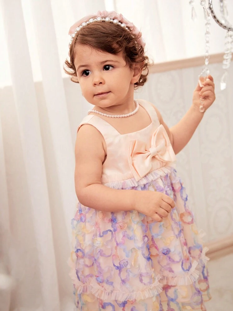 Baby Girls' Cute Sleeveless Mesh Dress With 3D Flower Embellishments For Spring & Summer