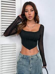 SHEIN Unity 方領不對稱下擺短款T恤 - 黑色 - 查看 5