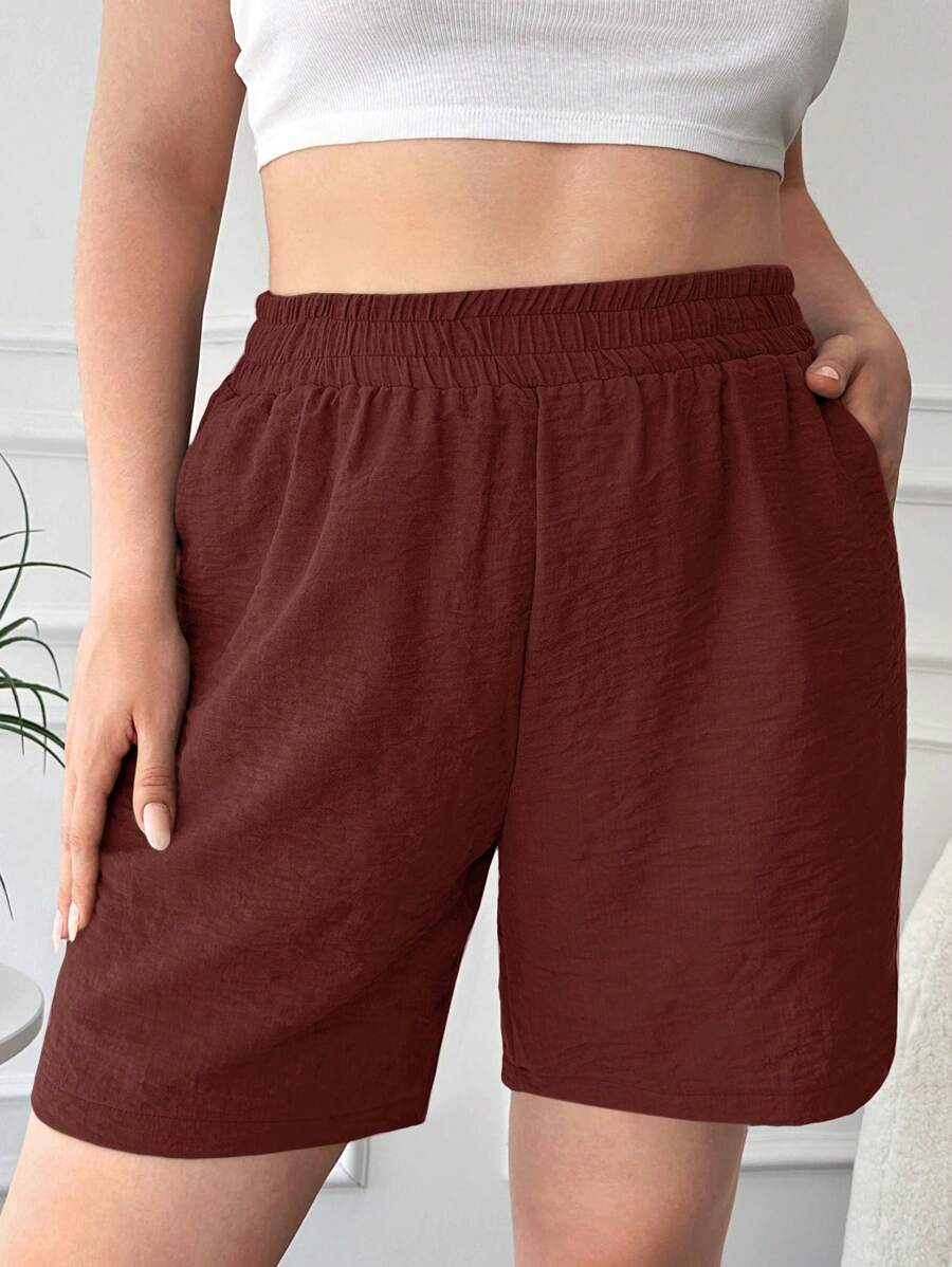 RueChic Plus Solid Elastic Waist Shorts - Burgundy - View 1