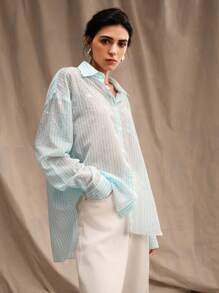 Anewsta Striped Rhinestone Decor Casual Fashion Turn-Down Collar Flowy Long Sleeve Shirt - Blue - View 6
