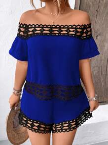 SHEIN Clasi Plus Size Off-Shoulder Casual Short Sleeve Top And Shorts Set For Spring/Summer - Royal Blue - View 7