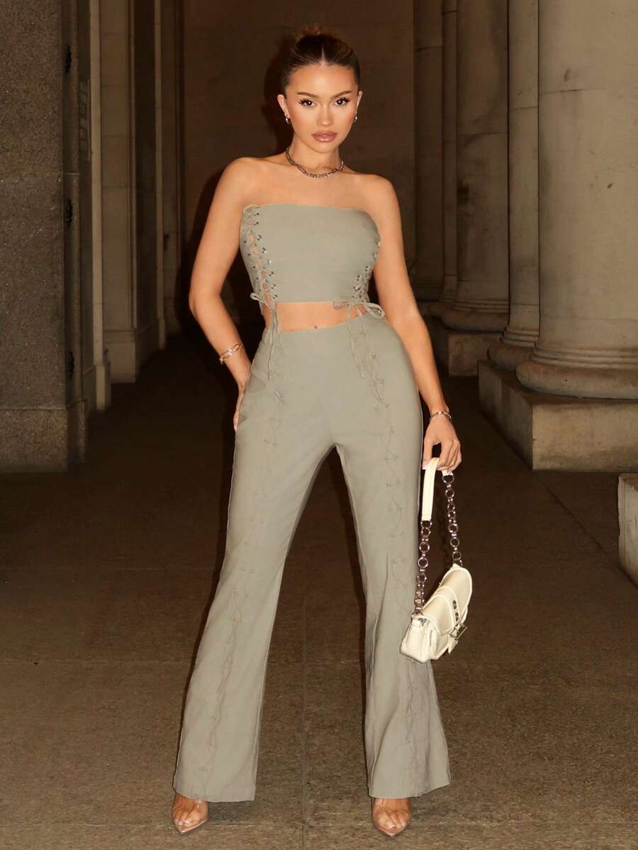 SHEIN BAE 純色，複雜的十字帶扣和眼扣設計的女式短上衣，卡其色，春夏季，非常適合休閒日常穿著、外出等 - 灰色 - 查看 1