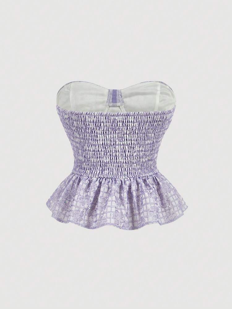 Women Summer Purple Plaid Clover Pattern Tube Top  With Fishbone Sticker And Ruffle Hem