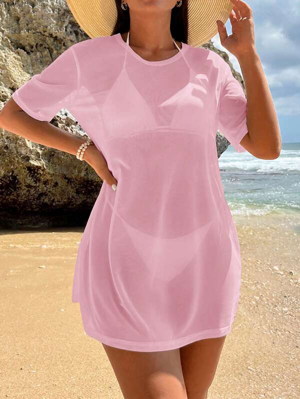 Swim Vcay Women's Fashionable Sheer Solid Color Beach Cover-Up For Summer Vacation,Summer Beach
