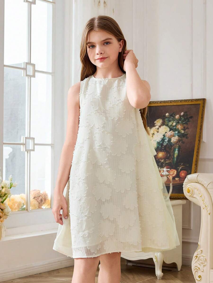 SHEIN Leap Crew 少女鬆身休閒圓領優雅花狀紋理無袖層次連衣裙 - 米色 - 查看 1