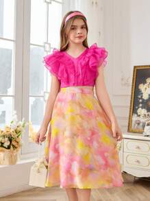SHEIN Set aus lockerem Rüschen-Top und bedrucktem Chiffonrock für Tween Mädchen - Heißes Pink - Übersicht 3