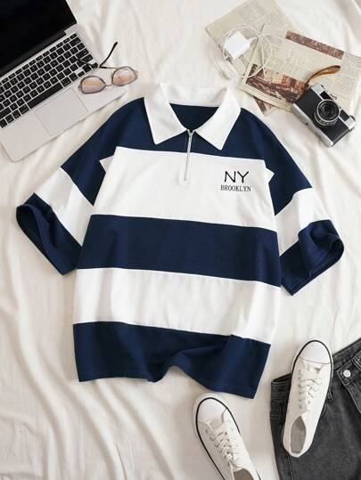 INAWLY Letter Graphic Colorblock Zip Front Tee Graphic Tees Women Tops