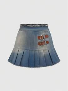 ROMWE Hippie Women Casual Washed And Distressed Pleated Denim Skirt For Spring/Summer - Blue - View 1