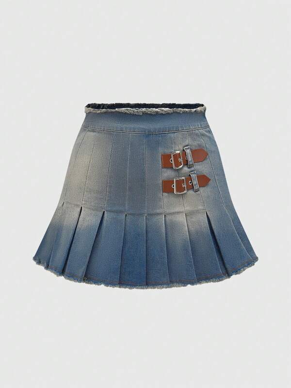 ROMWE Hippie Women Casual Washed And Distressed Pleated Denim Skirt For Spring/Summer