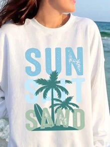 SHEIN EZwear Áo len ống rộng in chữ cây dừa đi biển - trắng - Xem 3