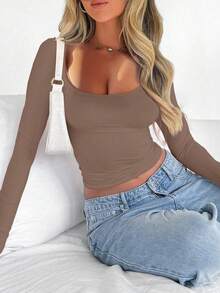 Zavorell Scoop Neck Ruched Side Crop Tee Fall Cloth For Women - Coffee Brown - View 2