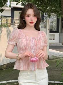 DAZY Women Ruffle Hem All-Over Print Summer Shirt Babydoll Top