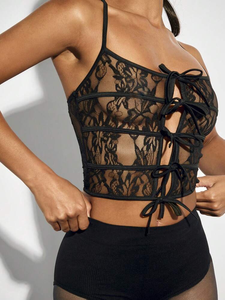 Solid Color Lace Sexy See-Through Strap Hollow Out Black Camisole Top Spring & Summer For Women, Suitable For Concerts, Music Festivals, Sexy And Charming Night Date, Singles Parties