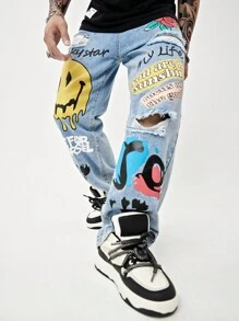 GALLERY FADE 時尚男款破洞直筒牛仔褲，配有卡通字母圖形，寬鬆長款破邊休閒牛仔褲，帶有多個口袋和塗鴉樣式，淺藍色，適合外出街頭穿著或和朋友一起