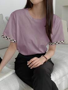 DAZY 女士夏季拼接編織腰帶圓領短袖休閒T恤 - 紫色 - 查看 5