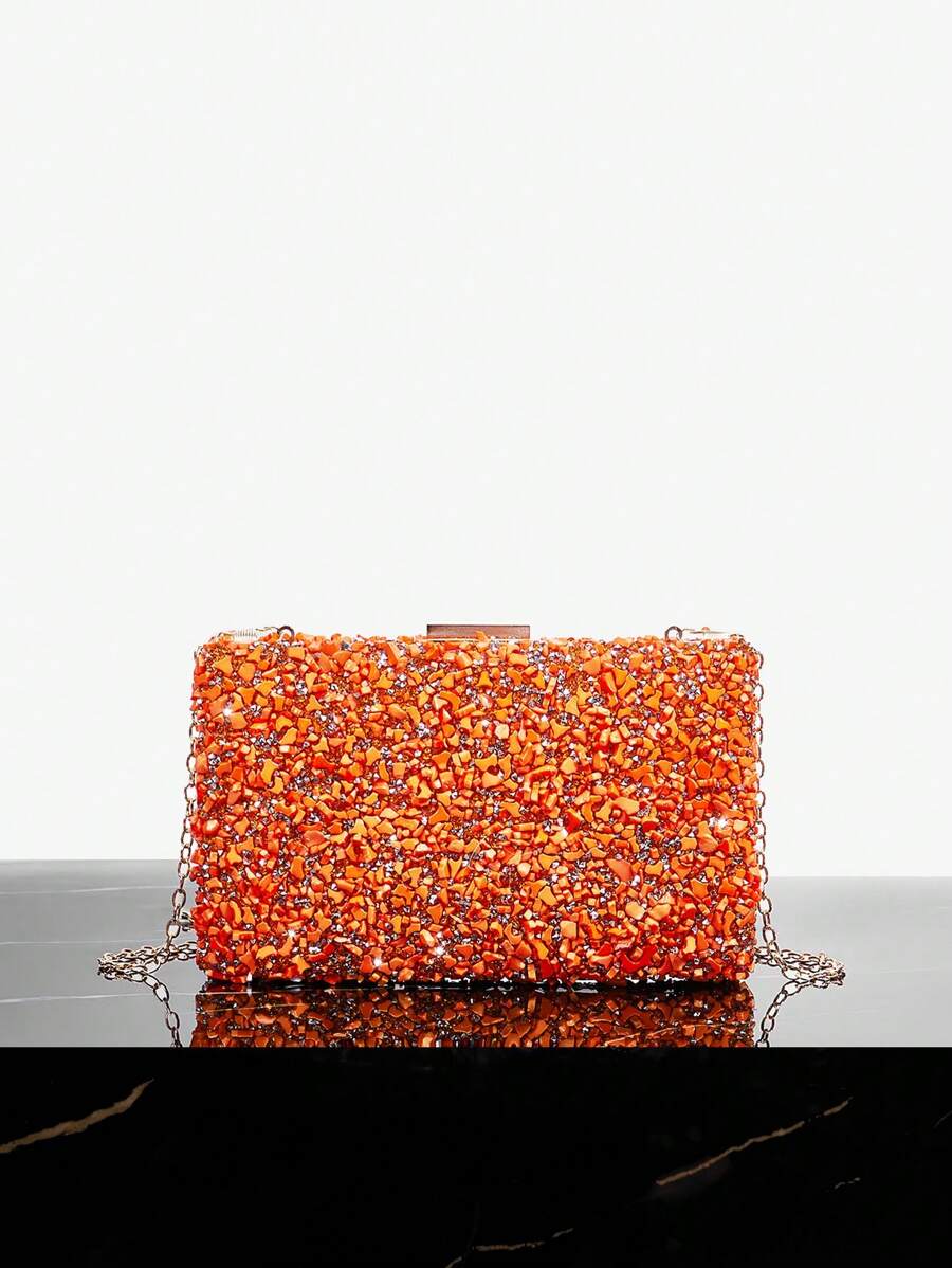 SHEIN SXY WOMEN Clutch BAG,EVENING BAG, All-Over Floral Chain Decor Elegant Fashion Simple Purse, Teenagers, FOR VACATION,HOLIDAY,SUMMER,PARTY,DATE,DATE NIGHT,Halloween Valentines - Orange - View 1