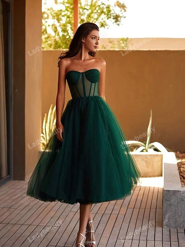 Tulle Short Prom Dresses, Transparent Corset Bustier Tea Length Midi Evening Formal Party Dress, Elegant Semi Formal Wedding Guest Dress, For Birthday, Graduation, Homecoming