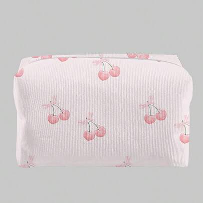 ROMWE Kawaii 櫻桃紋八邊形天鵝絨化妝包