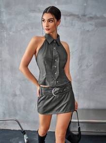 Aveloria Affinna Stylish Sleeveless Backless Top With Detachable Tie Neck, Gray Color,Matching With Low Waist Wide Belt And Skirt Set