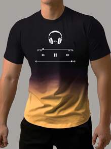 男士夏季耳機印花圓領短袖休閒T恤 - 黃色 - 查看 1