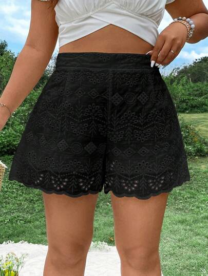 Flirla Ladies' Solid Color Simple Casual Embroidered Plus Size Shorts For Daily Wear
