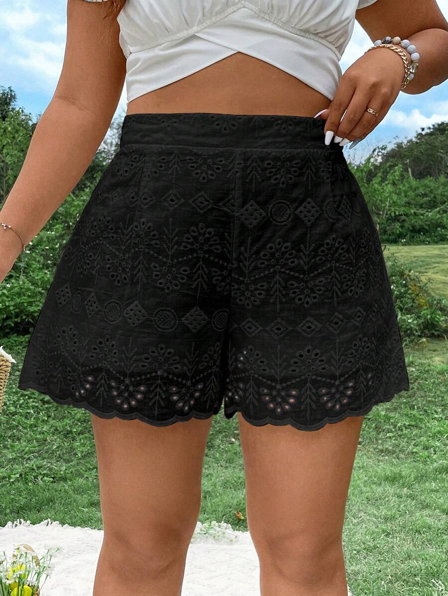 Flirla Ladies' Solid Color Simple Casual Embroidered Plus Size Shorts For Daily Wear - Black - View 1