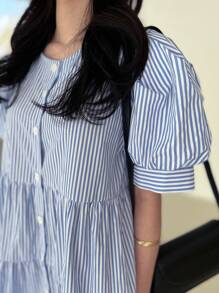 DAZY 女士條紋蓬蓬袖拼接公主風格洋裝 - 藍色 - 查看 4