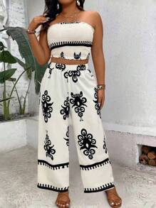 SHEIN Clasi 大尺碼女性復古風格無肩帶上衣和褲子套裝 - 杏色 - 查看 4