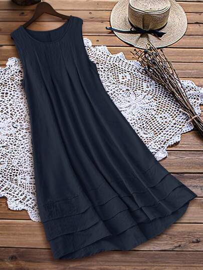 Linhara Plus Size Summer Casual Solid Color Sleeveless Dress