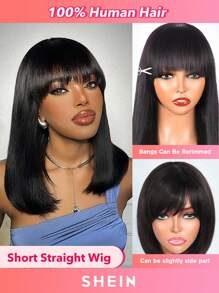 機器製造短直筒帶劉海假髮150%密度8-14英寸自然黑色顏色100%人類頭髮頂級品質假髮適合女士 - SNatural - 查看 4