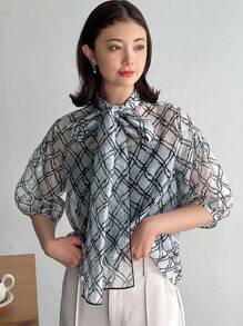 女士夏季幾何印花領結休閒襯衫 - 黑色 - 查看 3