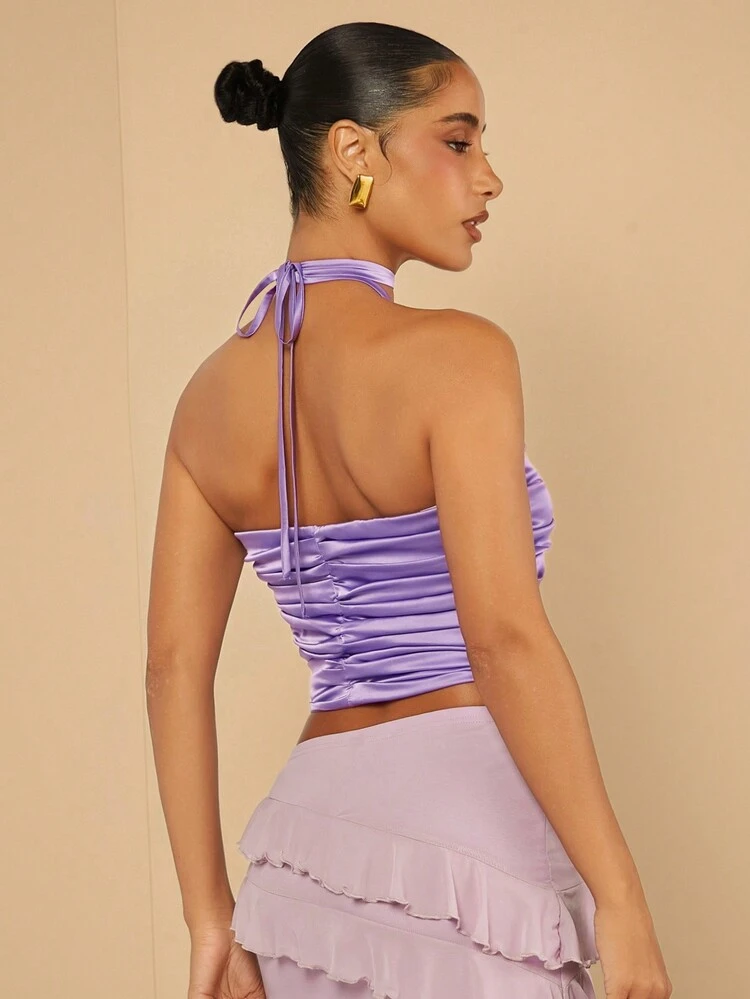 3D Rose Tie Strap Ruched Satin Top