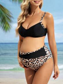 SHEIN Maternity Summer Beach Vacation Contrast Leopard Print Simple And Fashionable Bikini Set - Black - View 1