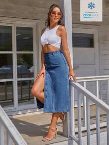 Coolmax Women Fashionable High-Waisted Denim Skirt With Slit Design - Medium Wash - View 5