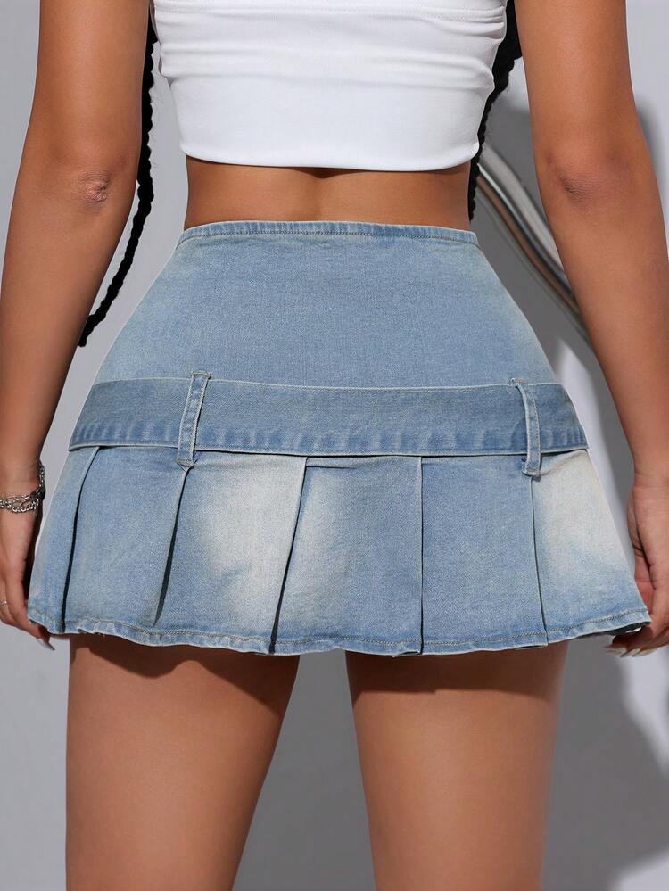 Women's Solid Color Simple Pleated Denim Skirt