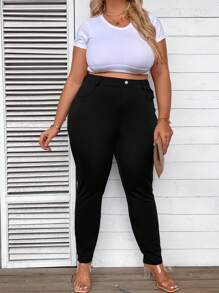 SHEIN CURVE+ Plus Size Solid Color Slimming Bodybuilding Pencil Pants With Pockets